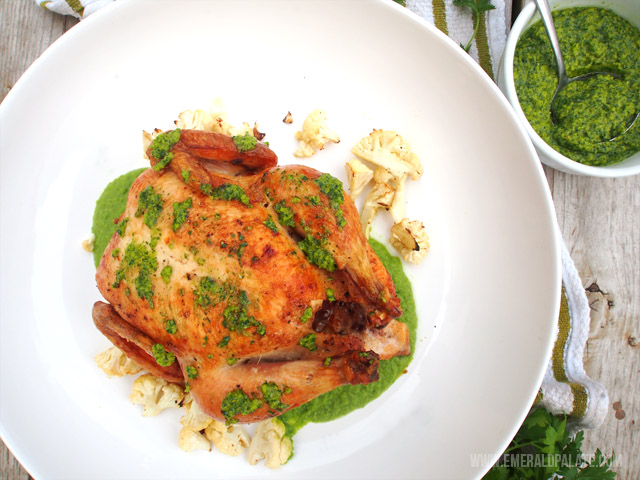 easy acidic olive chimichurri with an easy roast chicken and pea puree recipe.