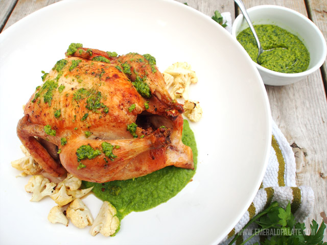 Roast Chicken with Pea Puree & Olive Chimichurri Sauce recipe featuring peas, olives, parsley, cilantro, and roast chicken.