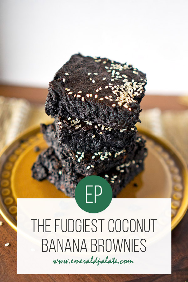 Photo of coconut banana fudge brownies with words laid over it that say the fudgiest coconut banana brownies