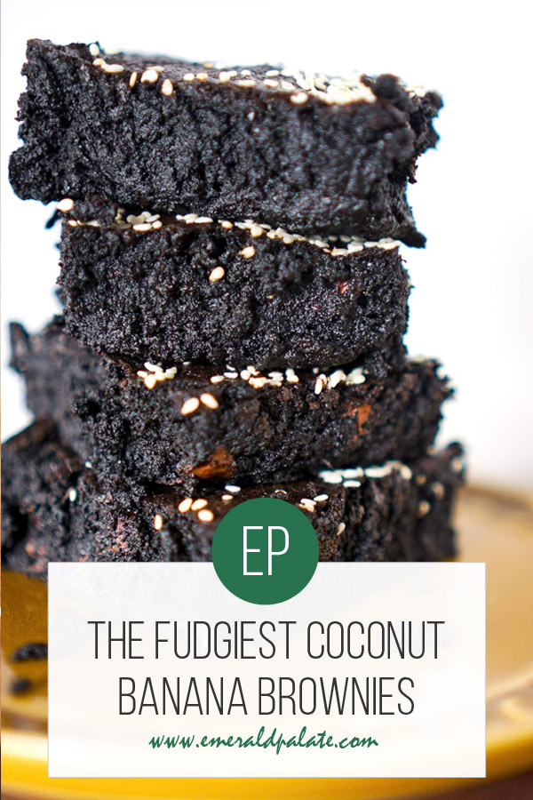 Close up of coconut banana fudge brownies with text over it that says the fudgiest coconut banana brownies