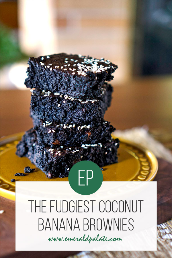 Stack of coconut banana fudge brownies on a plate with text that says the fudgiest coconut banana brownies