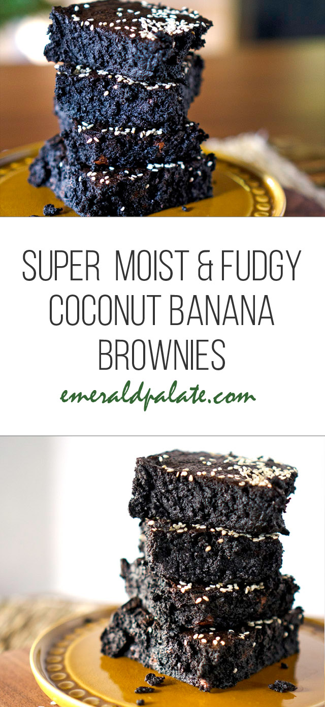 collage of brownies on a plate with text that says super moist and fudgy coconut banana brownies