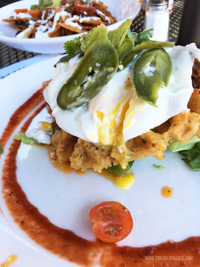 Tamale waffle from Bruncheonette in Spokane, WA. If you love savory waffles, you must try this brunch place in Spokane, WA!