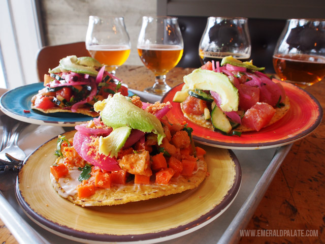 Beer flight and ceviche tostada from Zona Blanca 