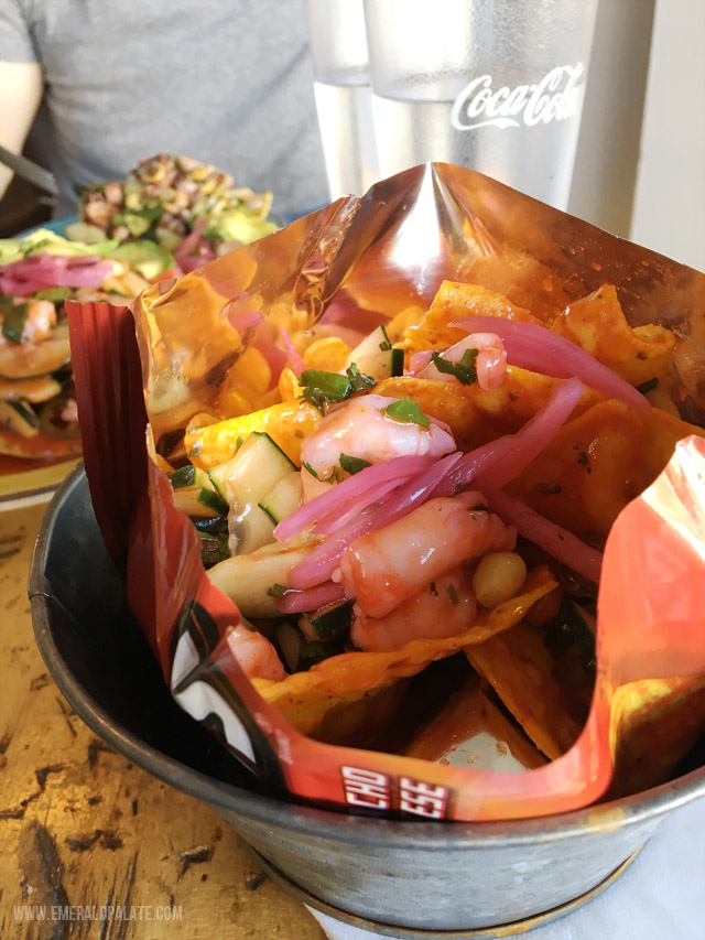 Doritolocos are Doritos, shrimp ceviche, and gummy bears served in a Doritos bag! The creation of chef Chad White from Zona Blanca in Spokane, WA.
