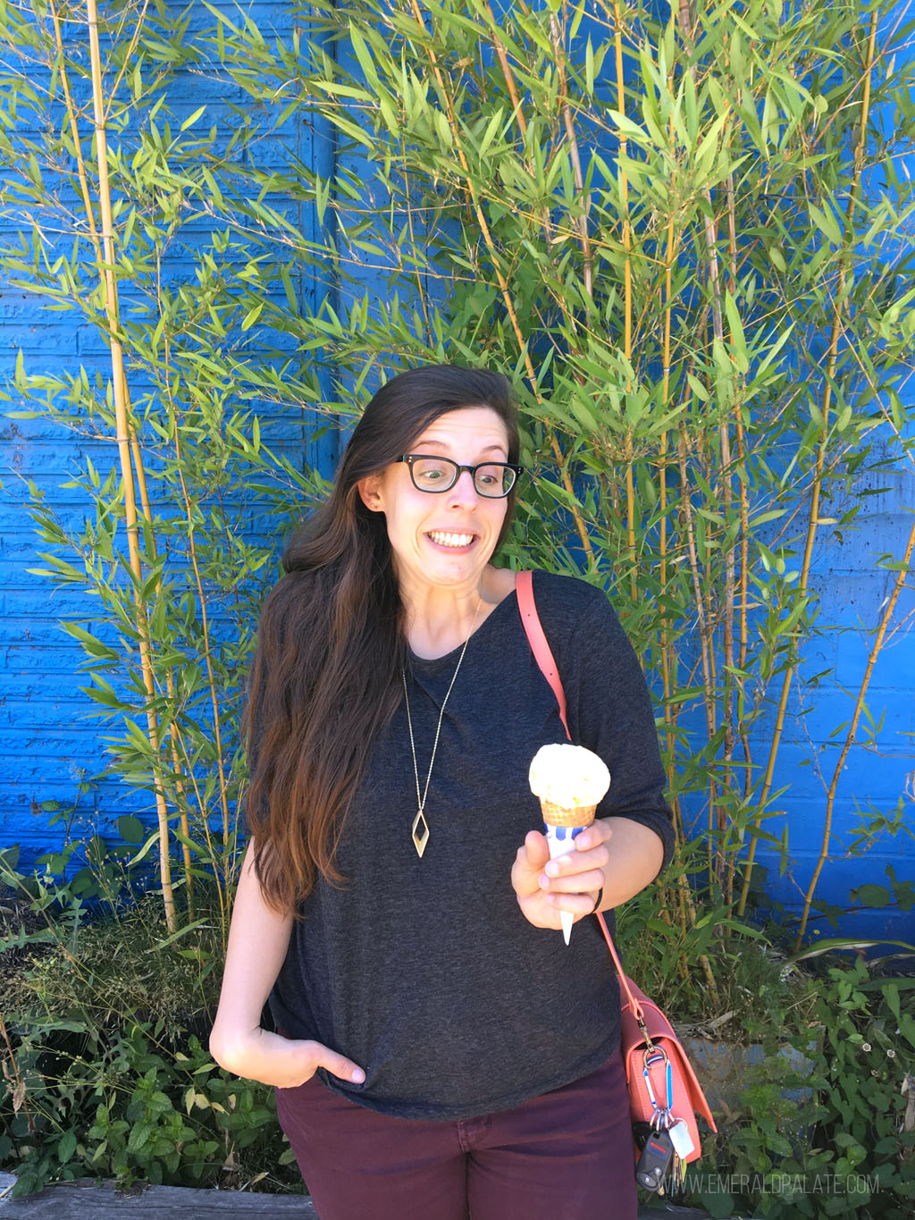 woman excited to eat ice cream cone
