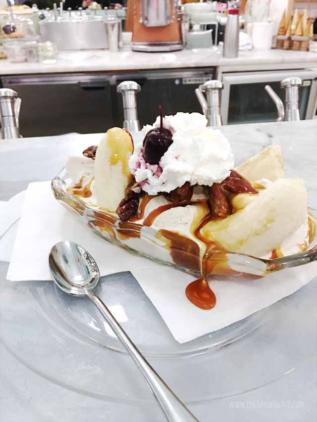 Shugs Soda Fountain is an old school ice cream place in Seattle. They make this awesome banana split with caramelized bananas. It is one of the best ice cream shops in Seattle!