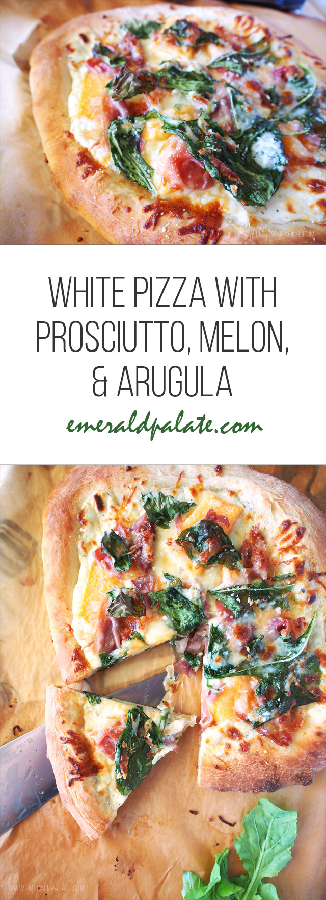 This white pizza recipe has prosciutto, melon, and arugula with a light Alfredo sauce instead of red sauce.