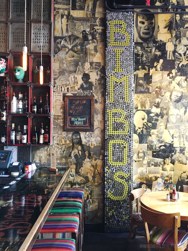 The inside of Bimbos Cantina, a Mexican restaurant in Seattle with great vegan food. 