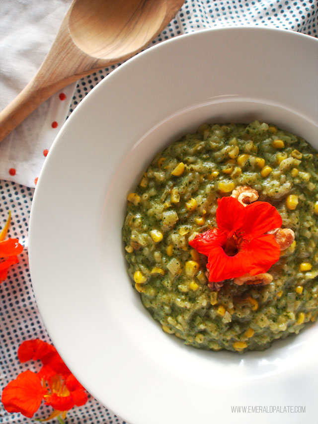 An easy oven risotto recipe with corn and nasturtium pesto. It also includes a recipe for an easy vegan corn stock recipe!