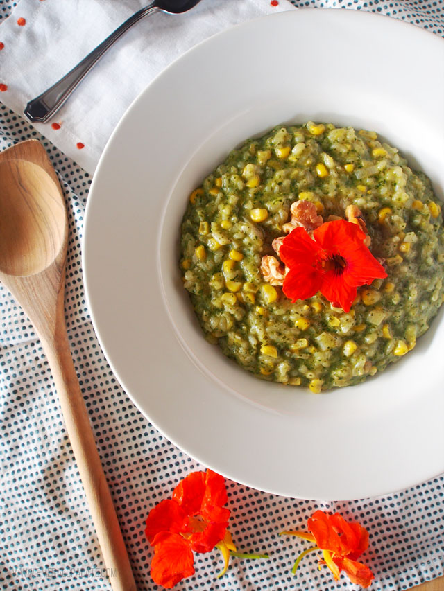 risotto with nasturtium pesto, corn kernels, and homemade corn stock