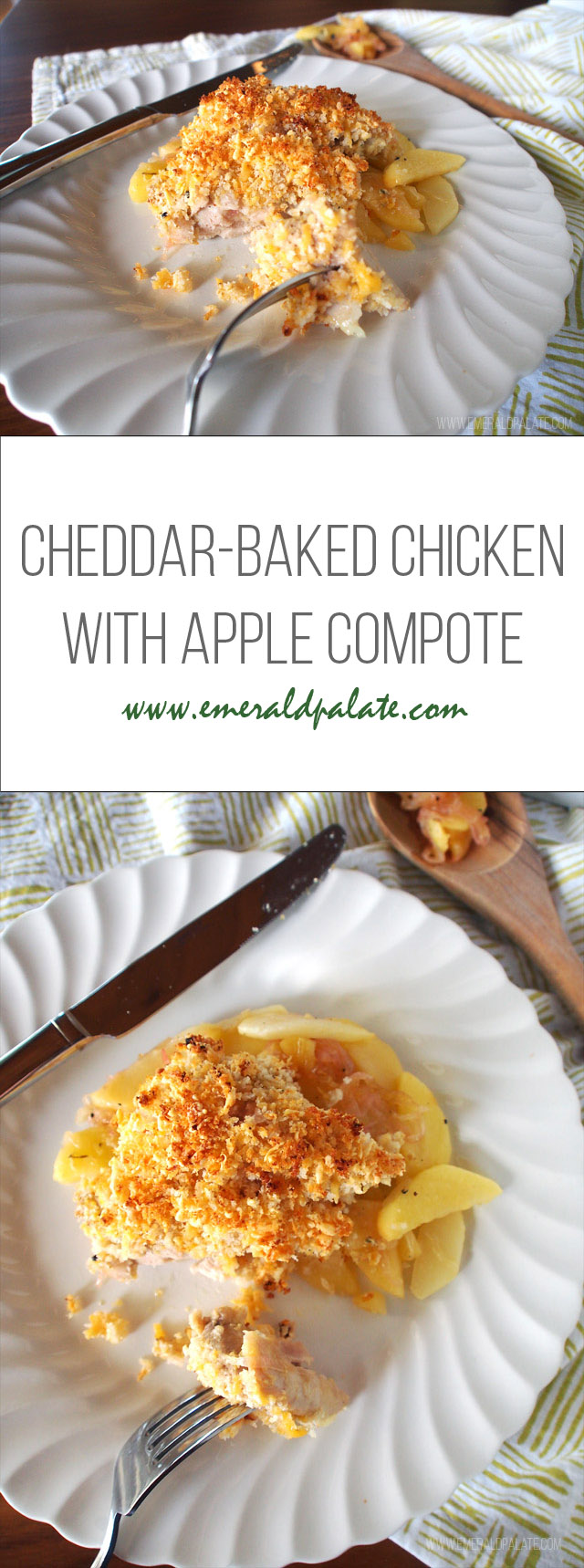A baked chicken recipe with cheddar crust and an apple compote. It is a family meal that is the perfect fall recipe. You will have this 30 minute meal ready in no time!