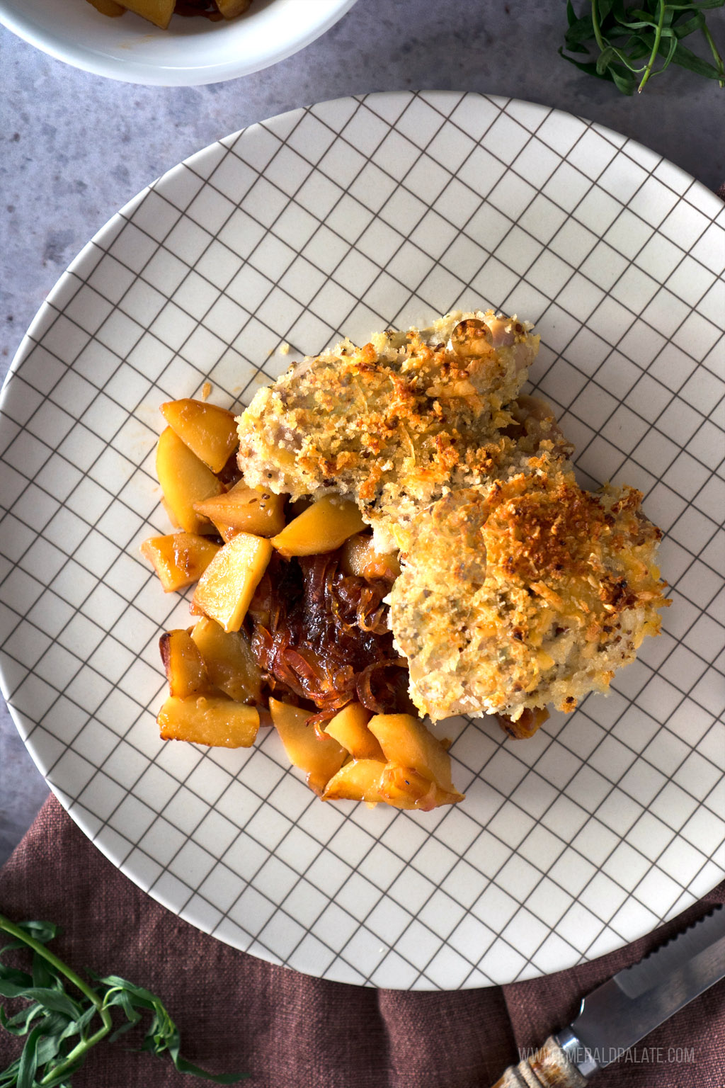 baked chicken thighs with a faux fried cheddar crust and apples