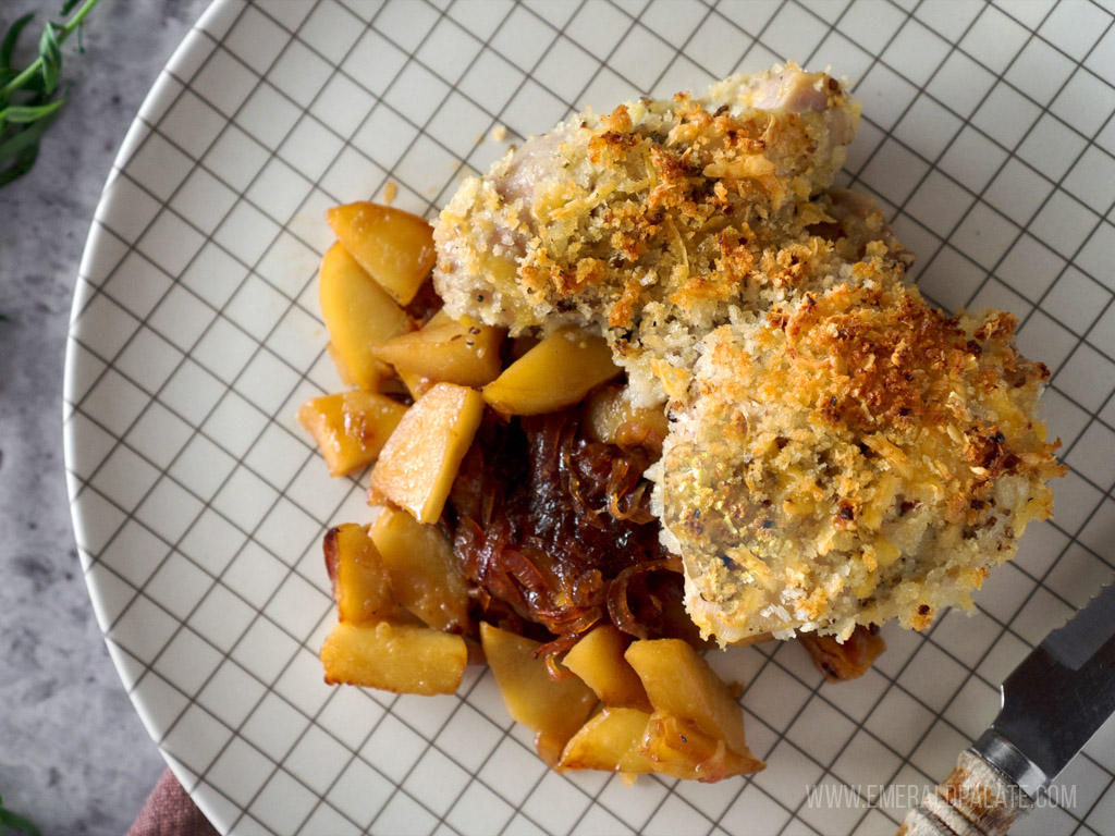 close up of cheddar-crusted apple baked chicken