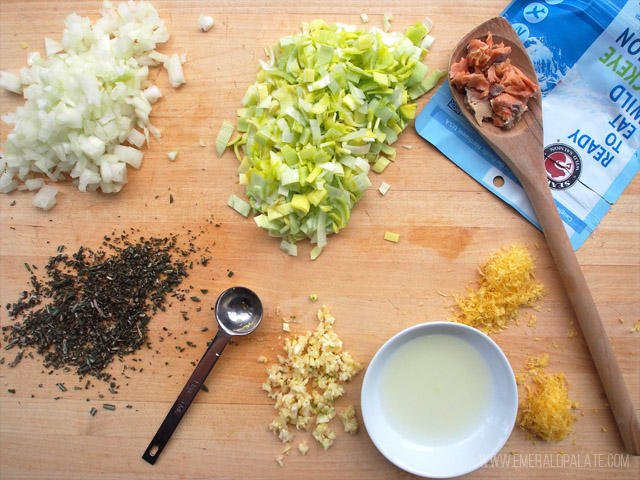 Ingredients used in a stuffed shell recipe featuring SeaBear smoked salmon from Seattle. It makes a great smoked salmon pasta recipe!