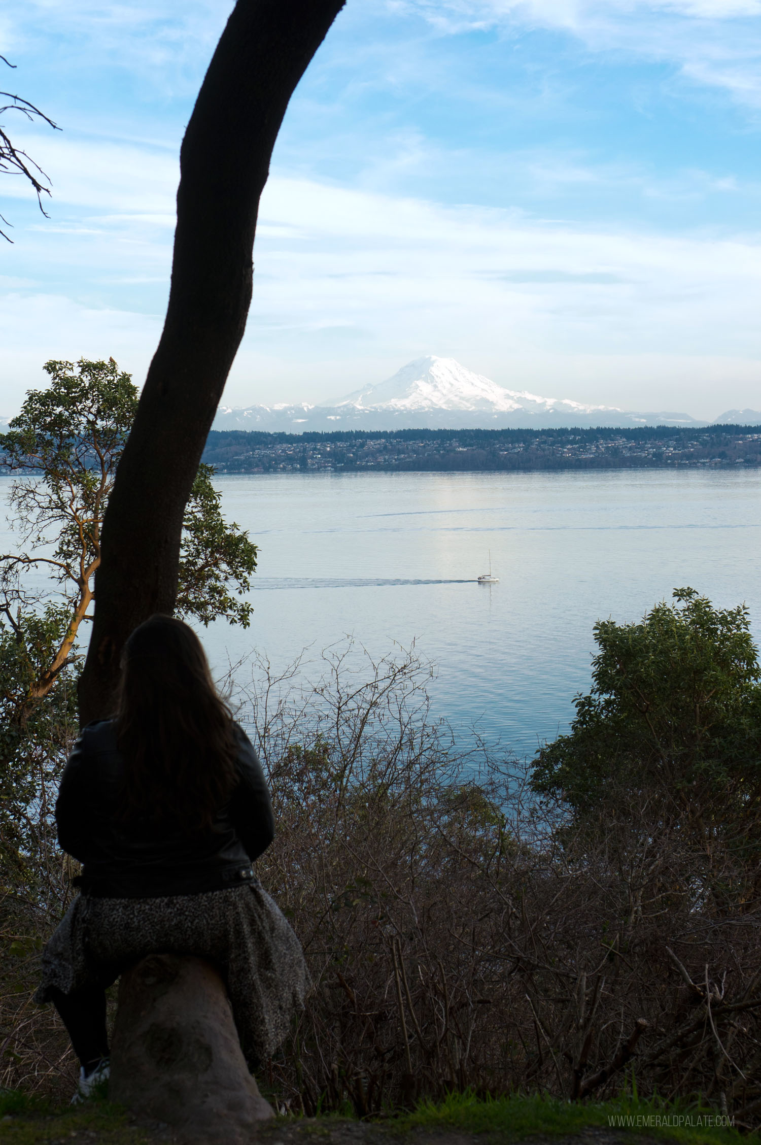 woman sitting on a tree at Maury Island Marine State Park, one of the best things to do on Vashon Island