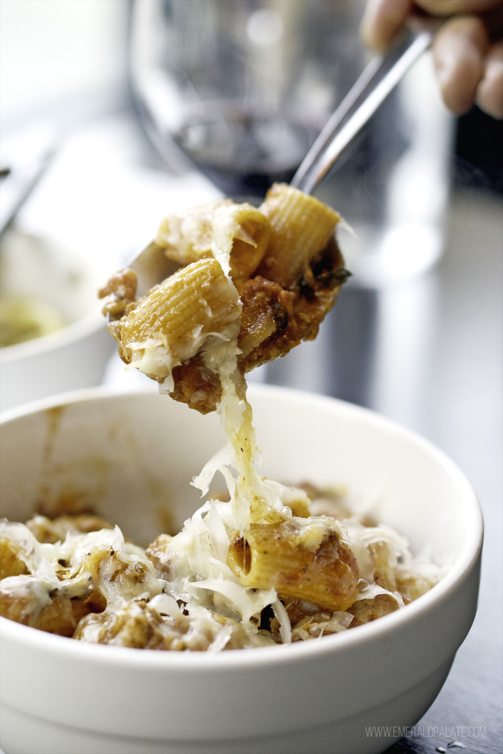 rigatoni with cheese pull at one of the best pasta restaurants in Seattle