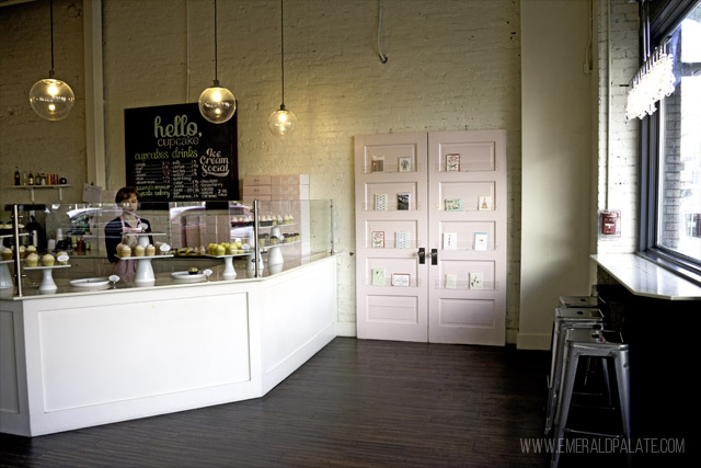 The inside of Hello Cupcake, a dessert shop in Tacoma, Washington and a favorite thing to do