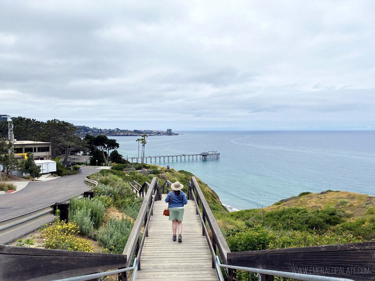 woman walking along the Scripps Pier boardwalk in San Diego