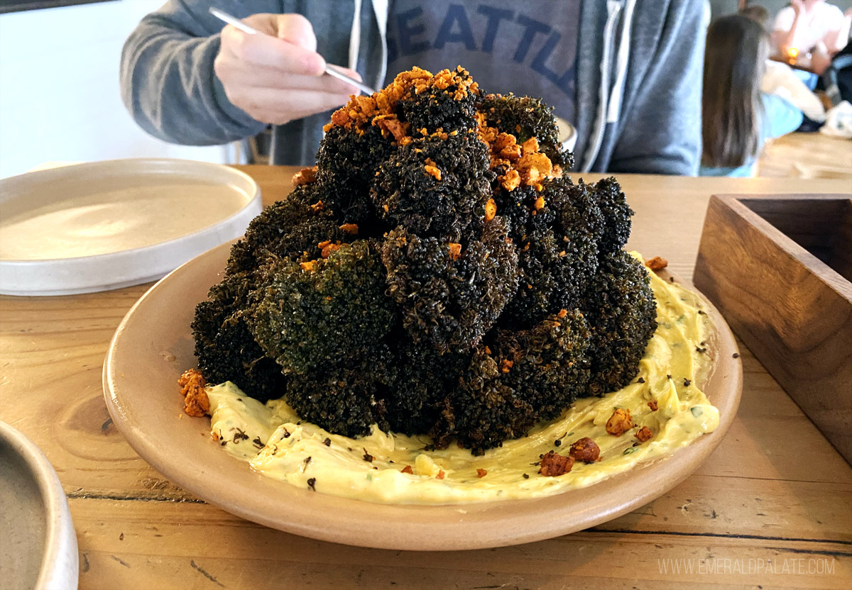heaping mound of roast broccoli from an SD restaurant in California