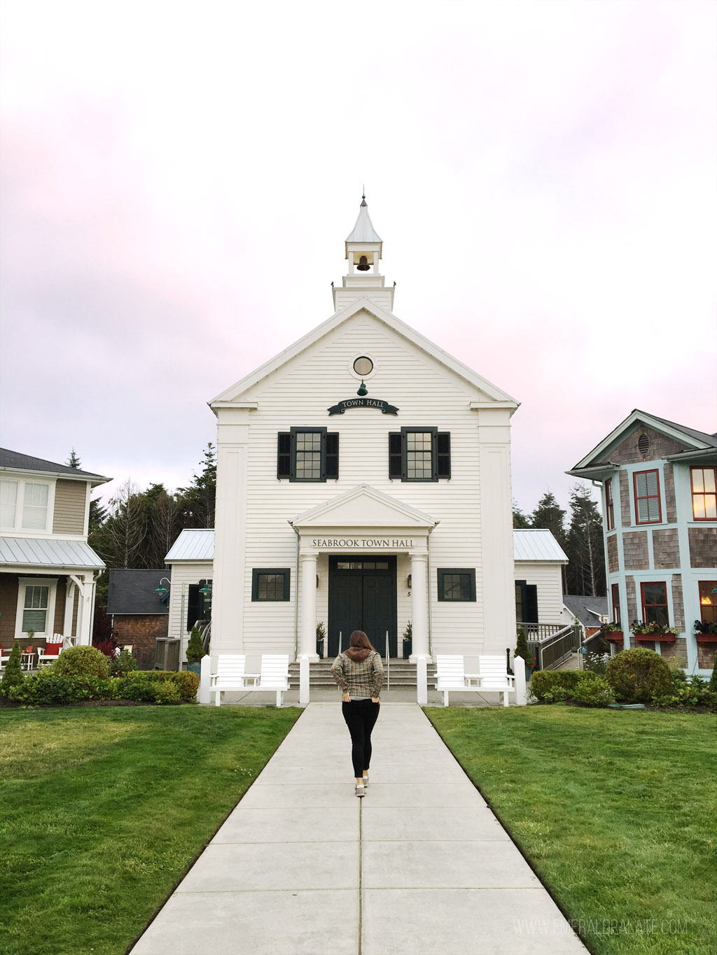 woman walking into town hall in Seabrook, Washington