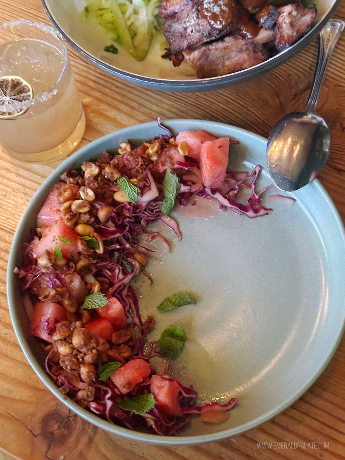 fancy watermelon salad artfully arranged on a plate from a Tacoma restaurant