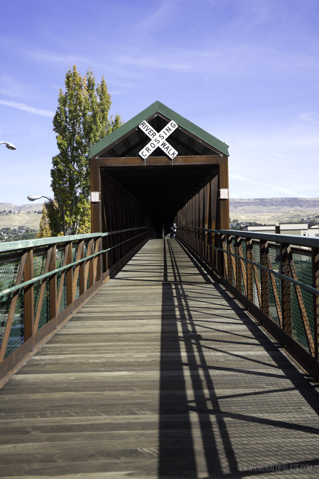 The pedestrian crossing bridge over the train tracks from the Apple Capital Loop Trail to downtown Wenatchee, Washington