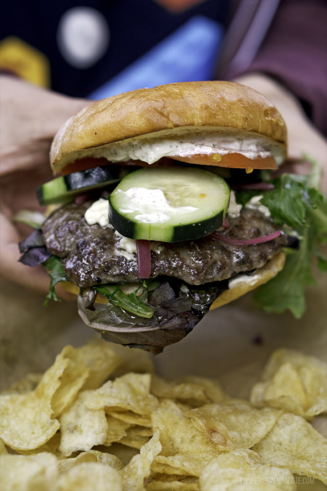 Closeup of the lamb burger at McGlinn's Public House, a restaurant in Wenatchee, WA
