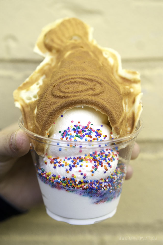 Soft serve taiyaki, a Korean dessert of ice cream in a soft fish cone