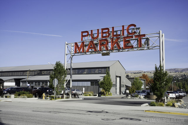 Red public market sign outside Pybus Public Market, one of the fun things to do in Wenatchee, WA