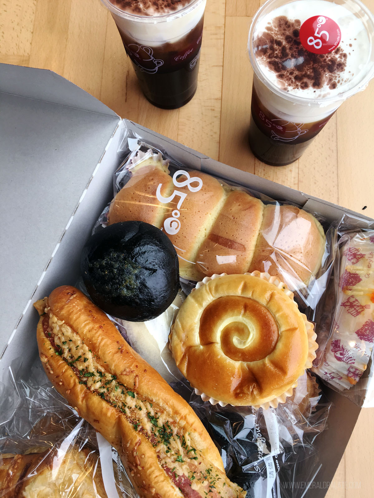 box of Taiwanese baked goods from 85C Bakery
