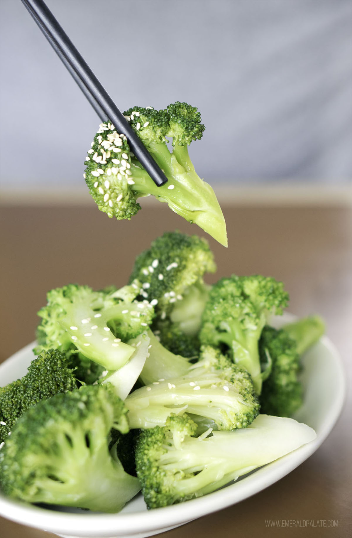 person picking up broccoli with a chopstick