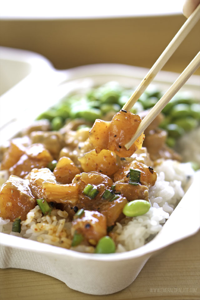 closeup of salmon poke from Ono Poke, an Edmonds, WA restaurant