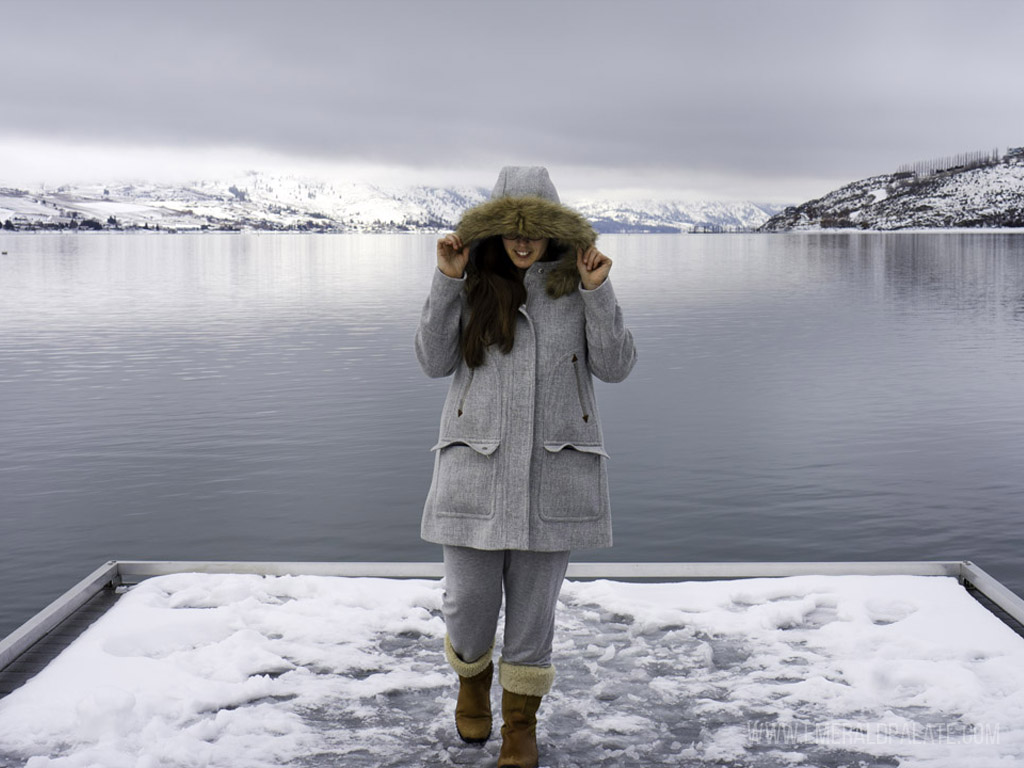 woman in front of Lake Chelan in winter
