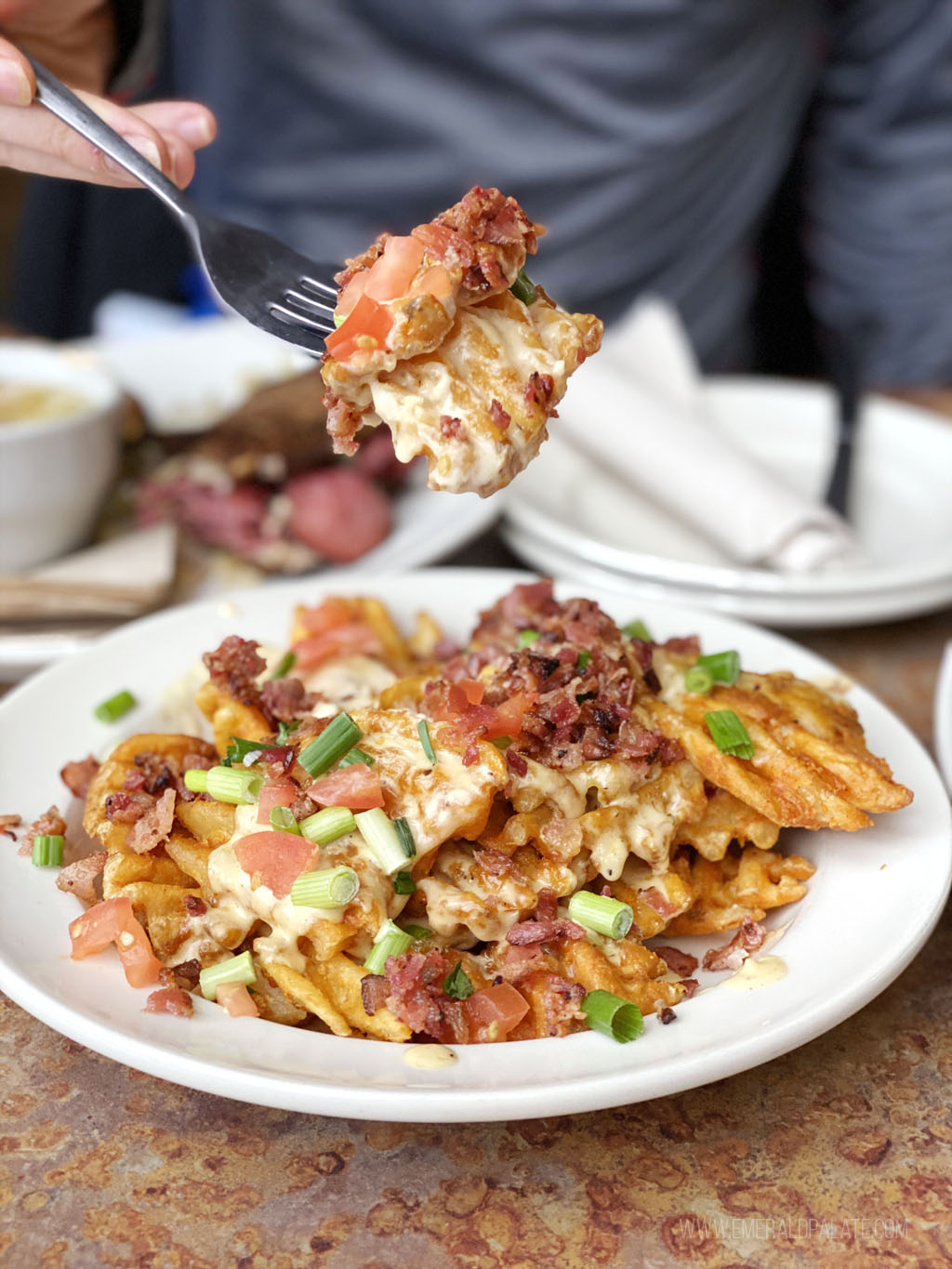 person picking up forkful of waffle fry nachos at one of the best Mt Hood skiing areas