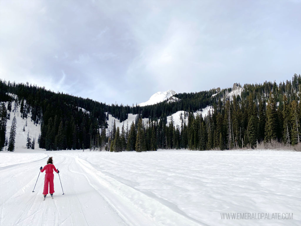 little girl skiing in meadow at one of the best Mount Hood ski resorts