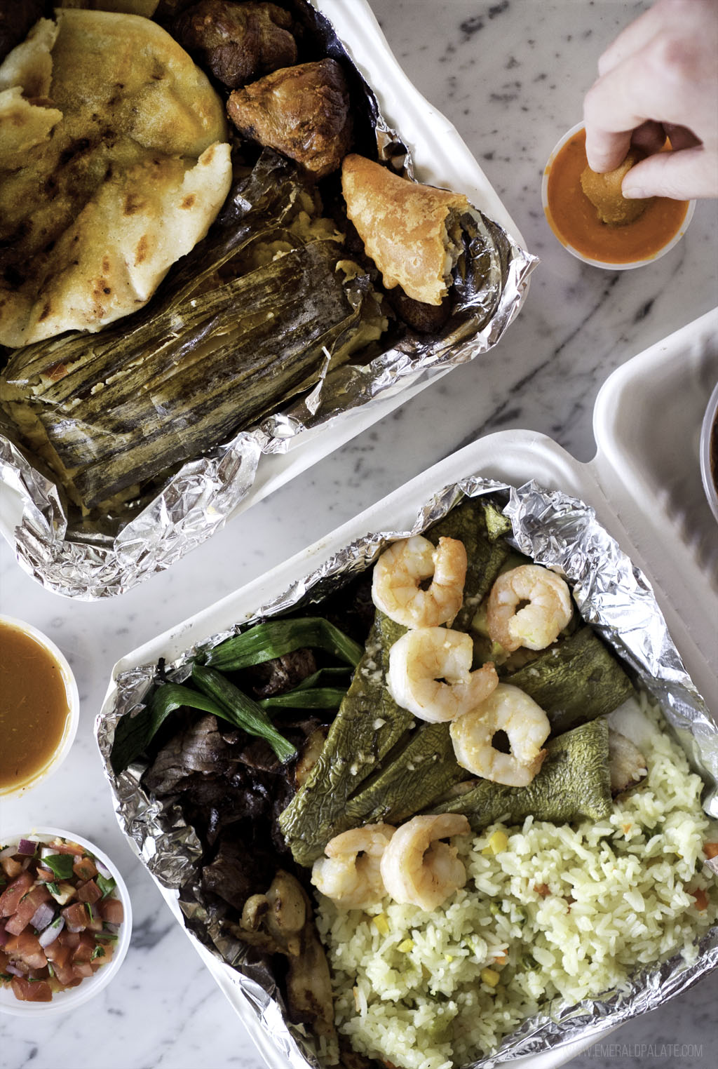take out of Central American food with cactus, rice, shrimp, salsa, and more from one of the best takeout restaurants in Seattle