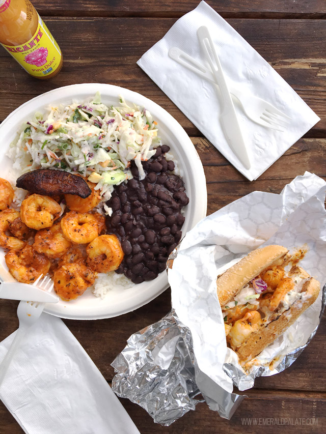 Shrimp plate and shrimp po boy from Bongos, one of the best casual restaurants in Seattle for cheap eats