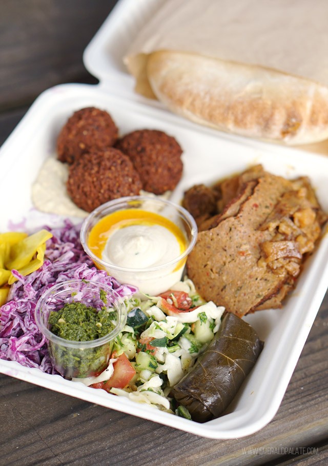 Cheap eats in Seattle - Hestitator plate from Falafel Salam with falafel, chicken shawarma, gyro and more