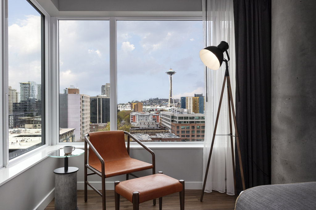 view of the Space Needle from the room at The Sound Hotel in Seattle