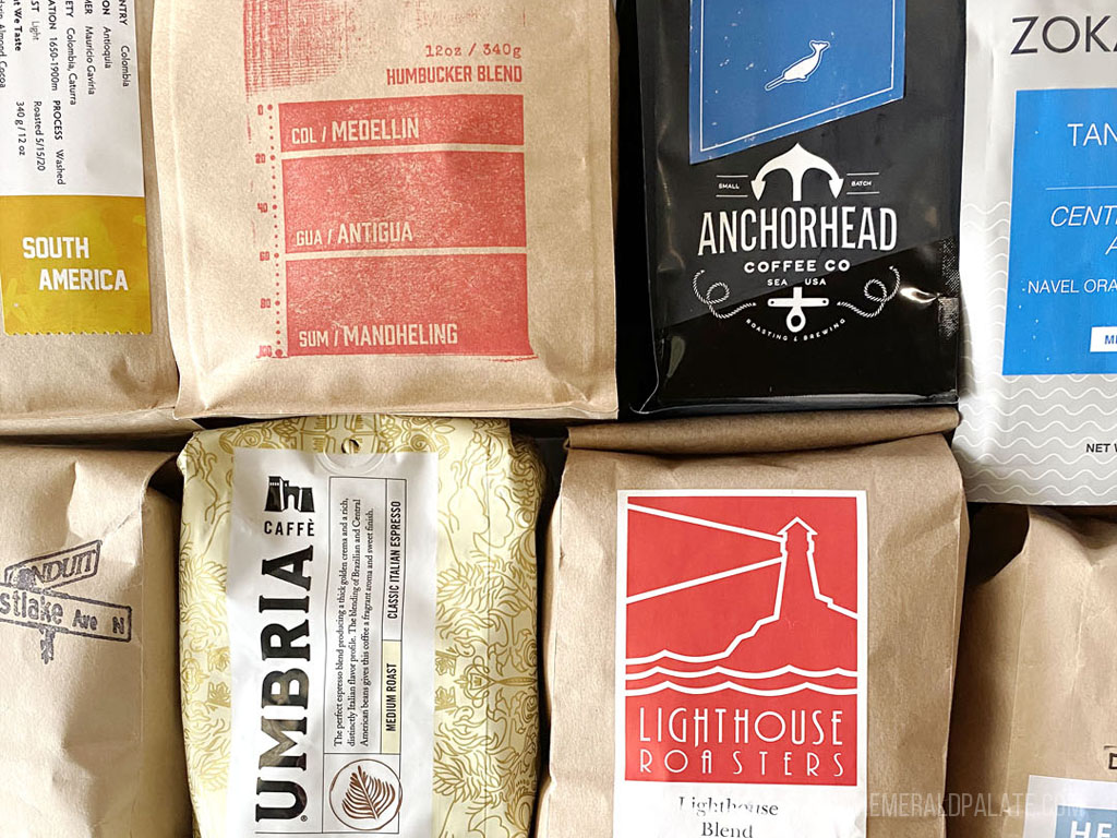 8 bags of coffee beans side by side from the best Seattle coffee roasters