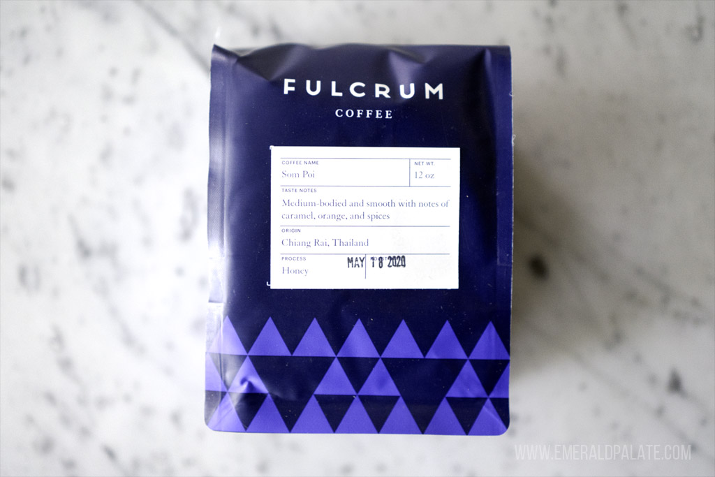 bag of coffee beans from  Fulcum Coffee out of Seattle