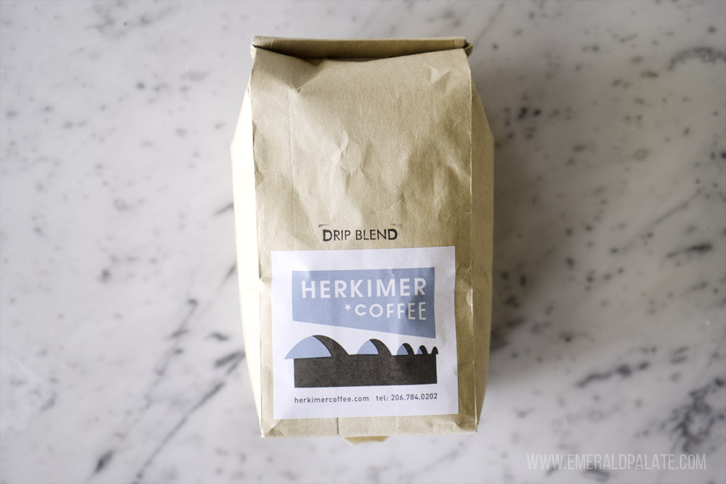 bag of coffee beans from Herkimer Coffee in Seattle