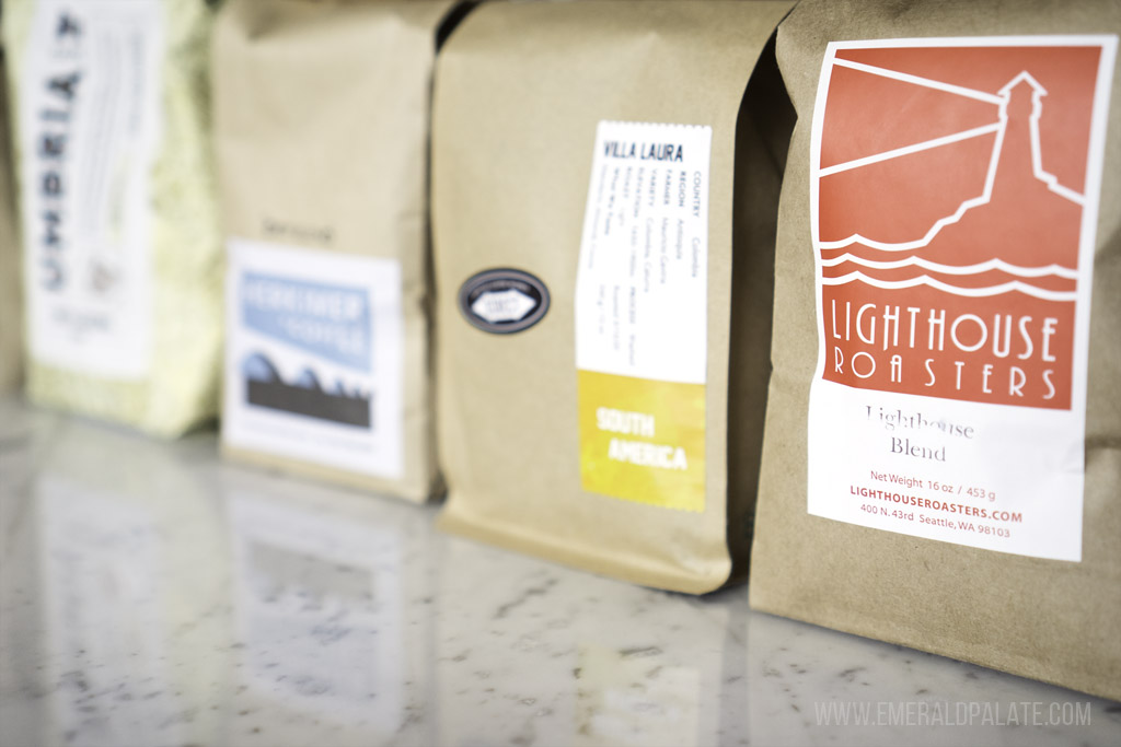 line of 4 bags of coffee from some of Seattle's best coffee roasters