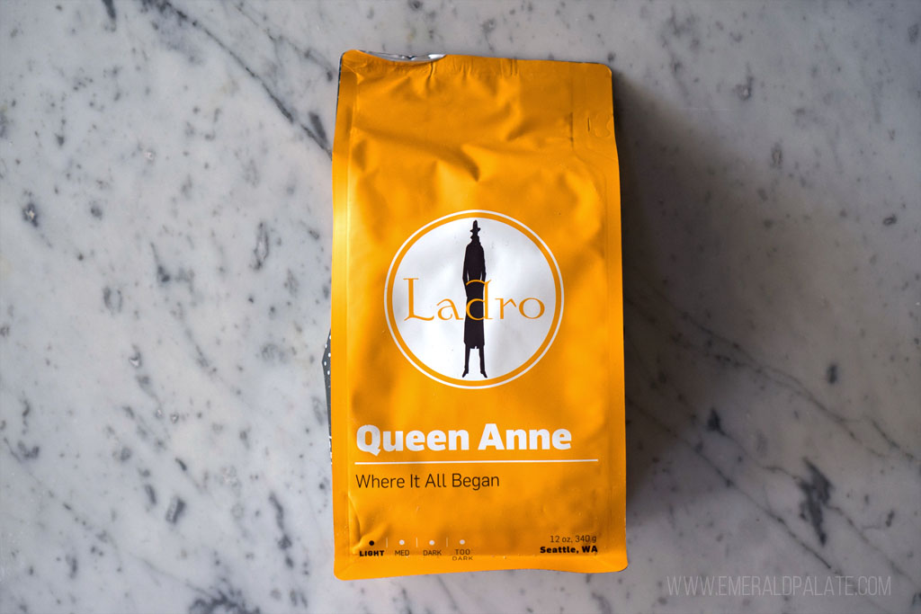 Bag of Queen Anne coffee from Seattle roaster Caffe Ladro