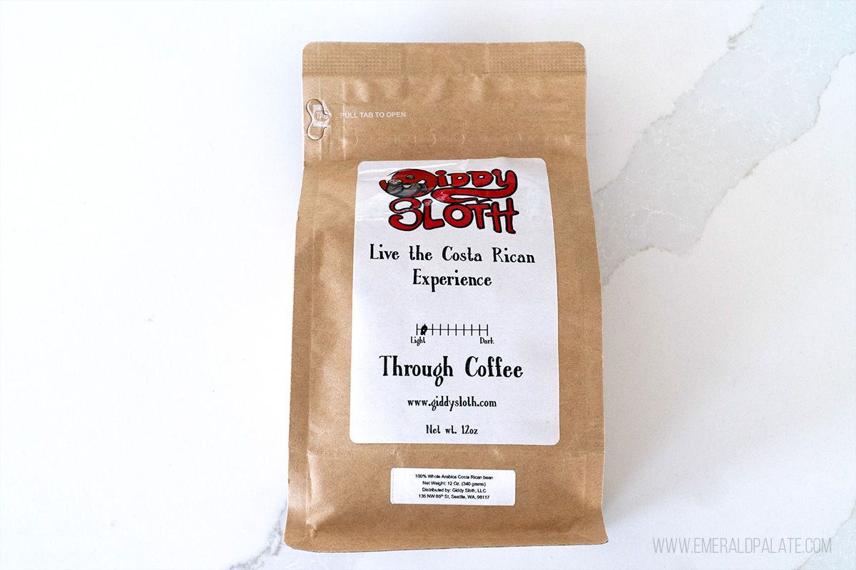 bag of Giddy Sloth coffee, a Seattle microroaster