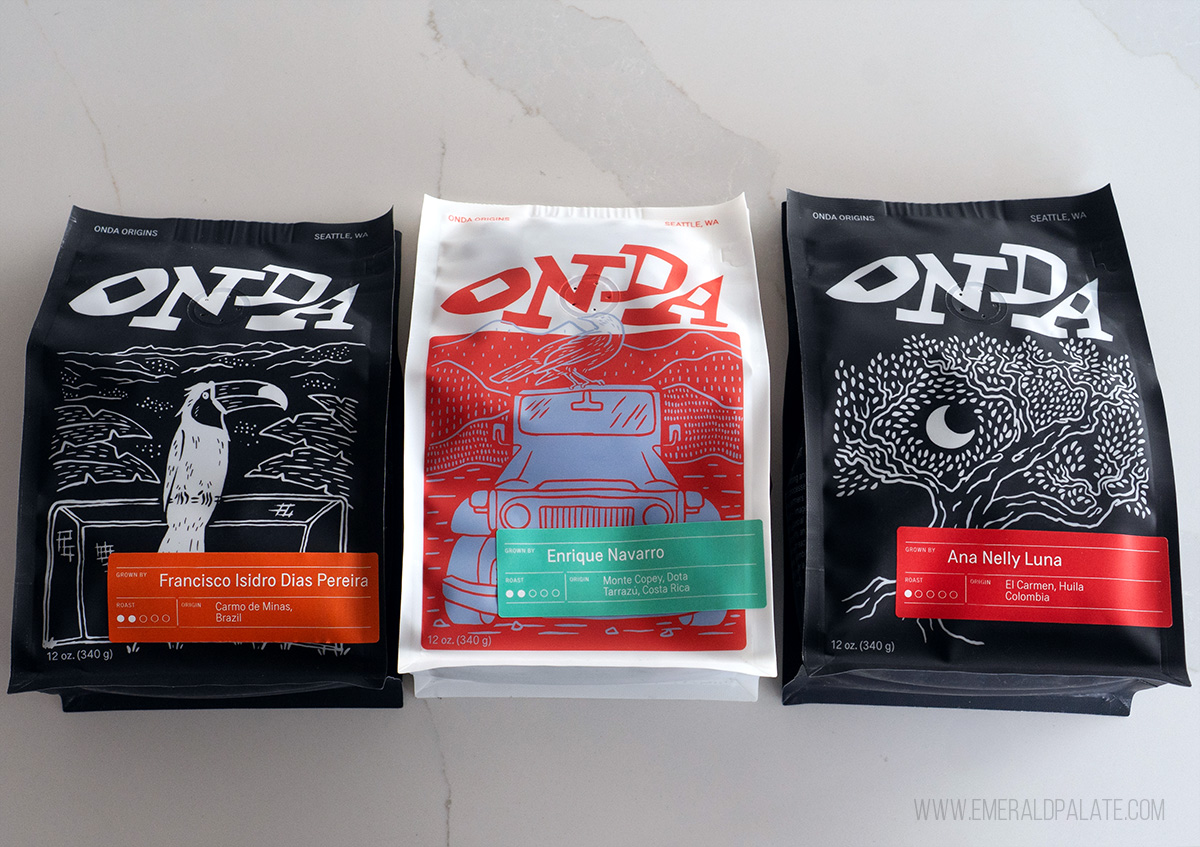 3 coffee bags with fun colorful and quirky packaging from one of the best Seattle coffee roasters
