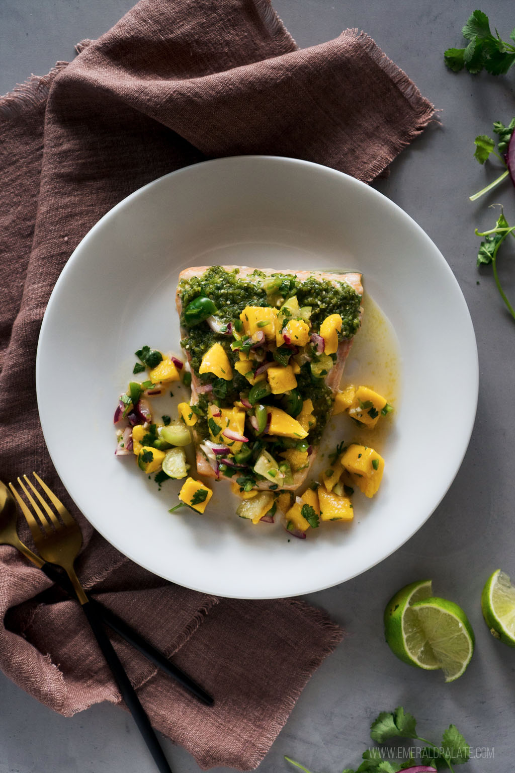 close up of mango tomatillo salsa