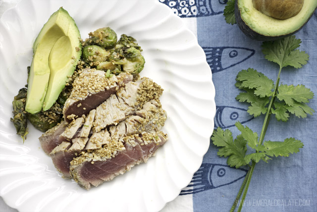 plate of sliced ahi tuna with sesame and wasabi crust