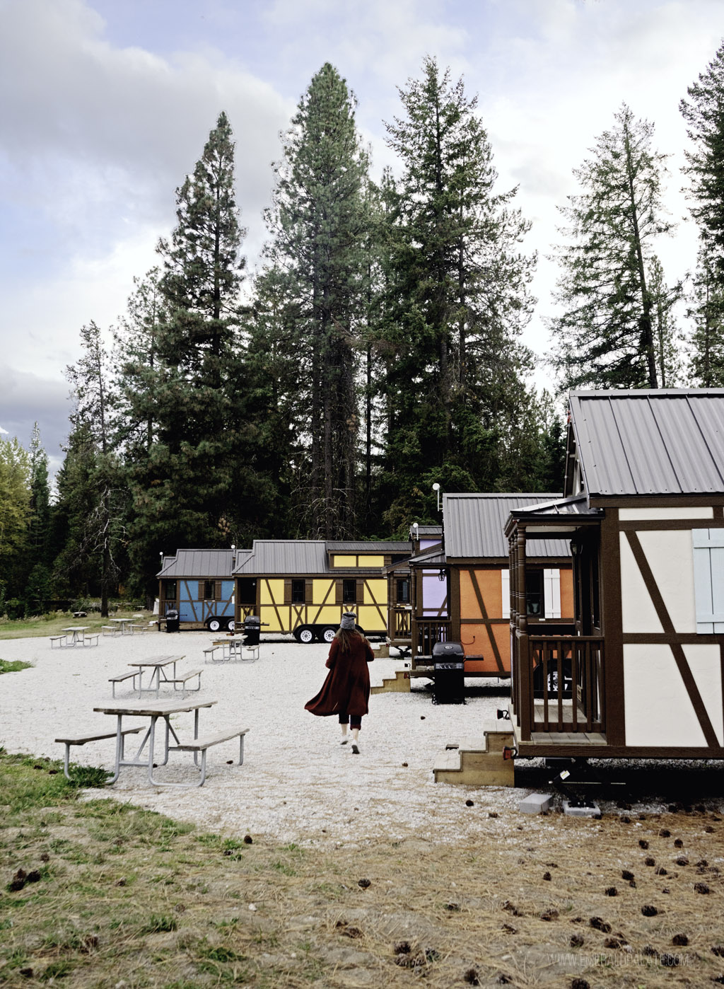 colorful tiny home cabins at a unique hotel in Washington